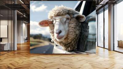 Eid Al Adha greeting with stylish sheep selfie in car under the sky Eid Al Adha social media post Wall mural