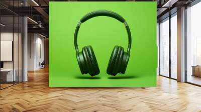 Pair f green headphones on green background  Wall mural