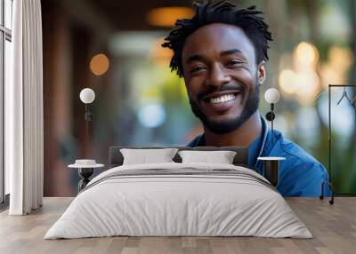  Black Male Nurse Smiling, Dressed in Blue Scrubs at Hospital Wall mural