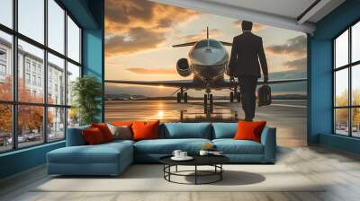 a man walking towards a private jet airplane preparing to board Wall mural