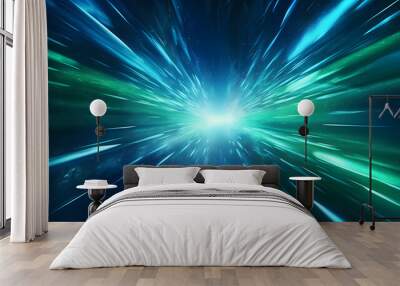 Abstract background in blue green and white neon glow colors. Speed of light in galaxy. Explosion in universe Wall mural