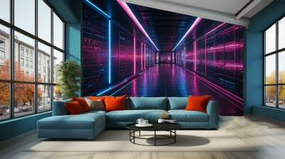 Abstract futuristic technology abstract background with lines for network, big data, data center, server, internet, speed. dark blue and pink neon lights into digital technology tunnel Wall mural