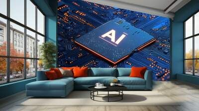 AI, artificial intelligence, computer chip with artificial intelligence, futuristic technology Wall mural