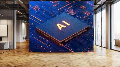 AI, artificial intelligence, powerful computer processor microchip with the word representing artificial intelligence, AI technology Wall mural