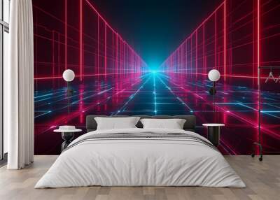 Cyan blue and red grids neon glow light grid backdrop design with creativity, virtual reality concept, hi-tech abstract backgroud Wall mural