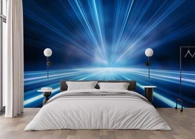 Digital image of light rays, stripes lines with blue light background Wall mural