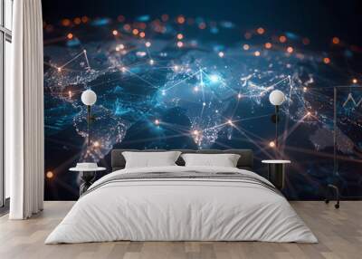 Global business network with world map and connecting flight paths Wall mural