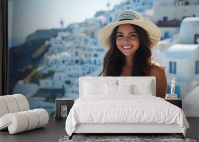 luxury fun travel vacation destination, beautiful girl in santorini greece, european summer,  Wall mural