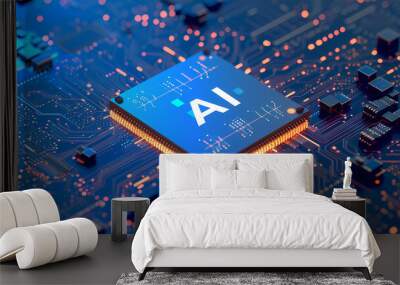 powerful computer processor microchip with the word representing artificial intelligence, AI technology Wall mural