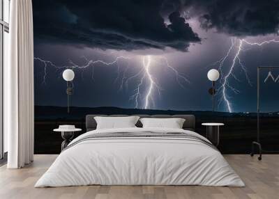 Powerful Lightning Storm Over City Power Lines at Night Wall mural