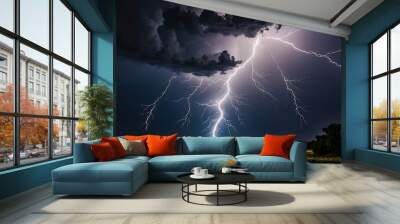 Powerful Lightning Storm Over City Power Lines at Night Wall mural