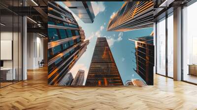 Skyward View Between Towering Skyscrapers at Dusk in Large Cityscape Wall mural