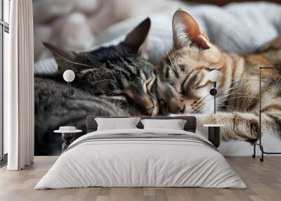 Two Cute Tabby Cats Napping Together on a Soft Blanket Wall mural