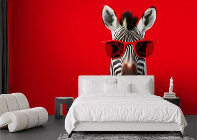 Zebra wearing sunglasses isolated on red background Wall mural