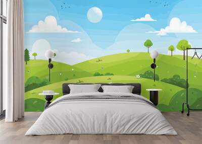 a green landscape with trees and clouds Wall mural