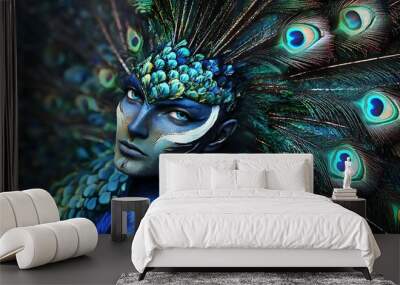 Person in Peacock-Inspired Costume with Elaborate Feathers Wall mural