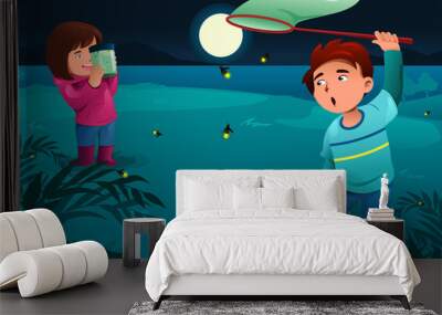 Kids catching fireflies Wall mural