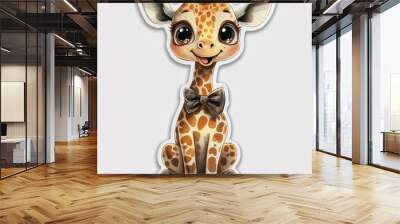 A cute cartoon giraffe with big eyes and a bow tie is sitting on a white background. Wall mural