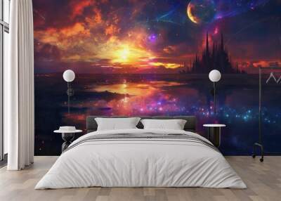 A futuristic city skyline at sunset reflected in a water body with a bright sky full of stars and planets. Wall mural