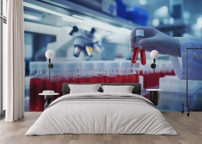 A gloved hand holds two test tubes filled with red liquid over a row of test tubes in a laboratory. Wall mural