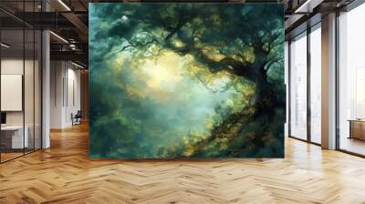 A lush forest scene with a large tree reaching up toward a bright sunlit sky. Wall mural