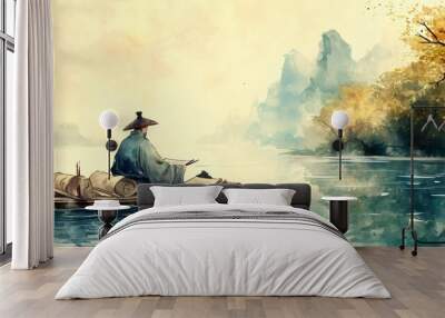 A man in a traditional hat sits on a small boat reading a book with mountains and trees in the background. Wall mural