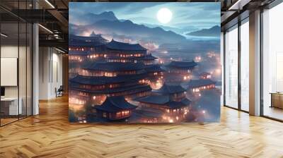 A mystical village nestled between mountains under a full moon, with fog and light reflecting off the water below. Wall mural