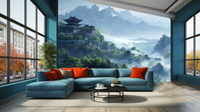 A traditional Asian temple sits atop a mountain, shrouded in mist, with a valley of lush green trees and towering peaks in the background. Wall mural