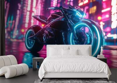 Futuristic motorcycle with neon lights in a city at night. Wall mural