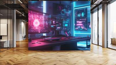 Modern gaming room with futuristic neon lighting, featuring two monitors with vibrant graphics and a comfortable gaming chair. Wall mural