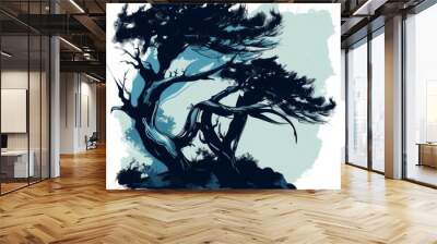 Silhouette of a large pine tree with a blue watercolor background. Wall mural