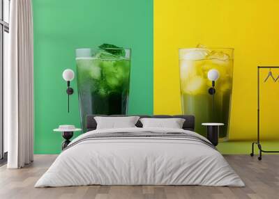 Two glasses of green iced tea on a green and yellow background. Wall mural