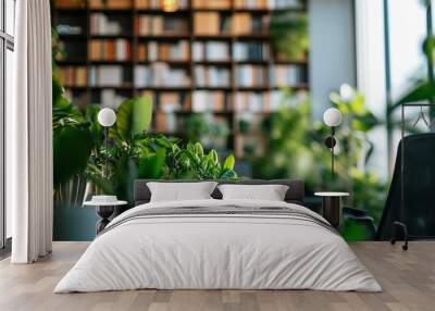 A zoom background photo of a minimalist modern office with a bookshelf and plants Wall mural