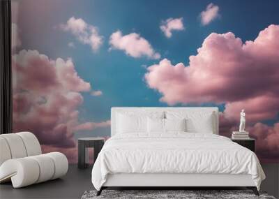 Beautiful background image of a romantic blue sky with soft fluffy pink clouds Panoramic natural vie Wall mural