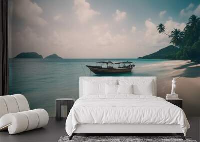 Beautiful caribbean sea and boat on the shore of exotic tropical island panoramic view from the beac Wall mural