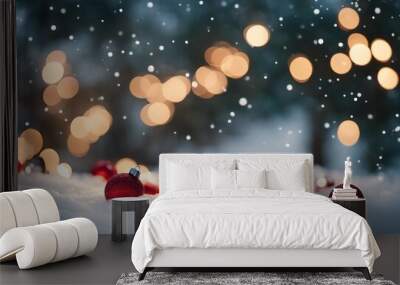 Beautiful Festive Christmas snowy background with holiday lights Christmas tree decorated with red b Wall mural