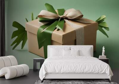 brown cardboard carton gift box with ribbon and bow and fresh tropical green leaves on transparent b Wall mural