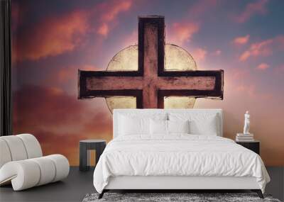 Christian easter Conceptual religious symbol on a colorful sky at sunset Wall mural