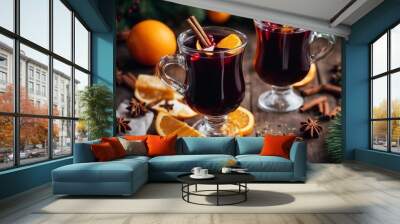 Christmas mulled wine or gluhwein with spices and orange slices on rustic table traditional drink Wall mural