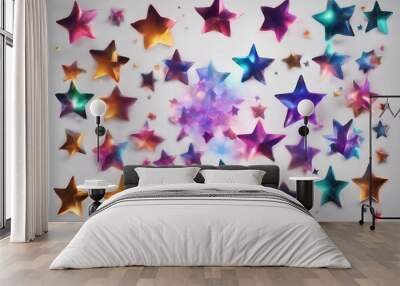 Collection of realistic multi colour shiny stars shape set isolated on transparent background Wall mural