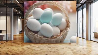 Colorful white easter eggs in basket on background Wall mural