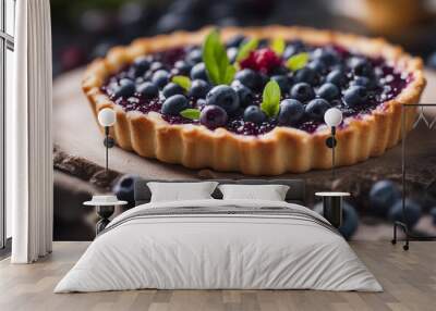 Delicate dessert tart with vibrant blueberries on creamy filling Wall mural