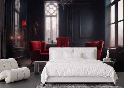 Elegant dark interior with bright red armchairs 3d render Wall mural