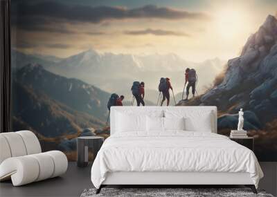 Epic image with hikers helping each other reach the mountain top illustration Wall mural