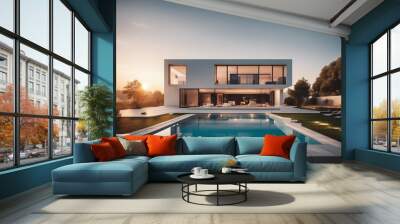 Exterior of modern minimalist cubic villa with swimming pool at sunset Wall mural