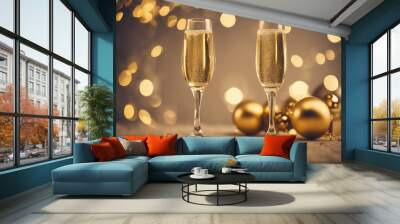 Glasses of sparkling wine on a Christmas and golden New Year background trend minimalism Wall mural