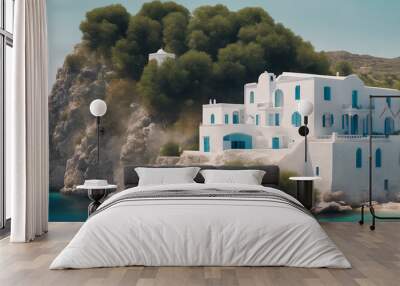 Greek island bliss a picturesque scene featuring a white building nestled among lush green trees wit Wall mural