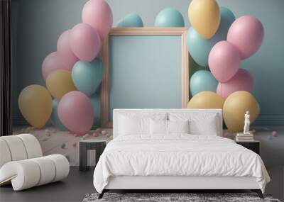 Mock up poster in interior background with colorful pastel balloons on the floor 3D render 3D illust Wall mural