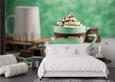 peppermint mocha mint mocha a classic combination of chocolate mint and coffee on a light green back Wall mural