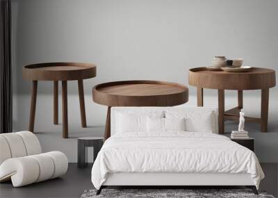 Set of modern designer round wooden coffee tables isolated on transparent background Wall mural